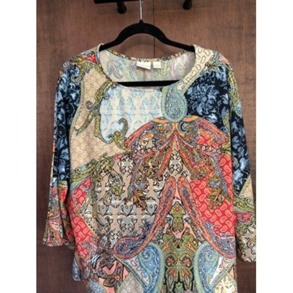 Chicos Size 2 Patchwork Paisley Scoop Neck 3/4 Sleeve Blouse Multi-Color Top